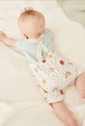 Cream and Green Fruit Printed Baby 2 Piece Dungaree and Bodysuit Set