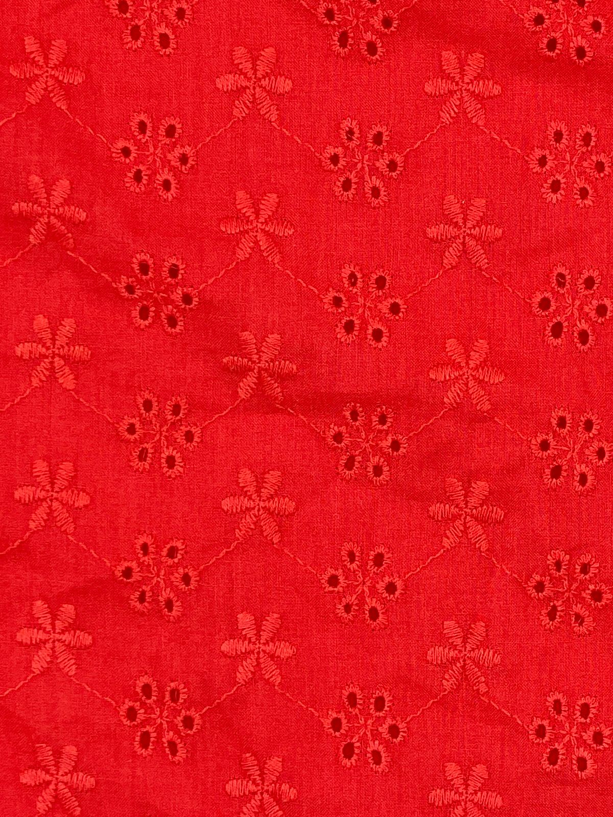 Girls Red Shiffli Cotton Frock
