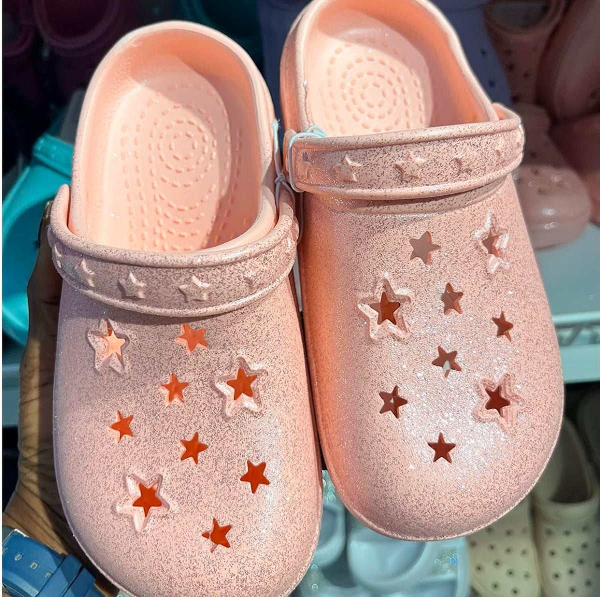 Pink star shimmer crocs