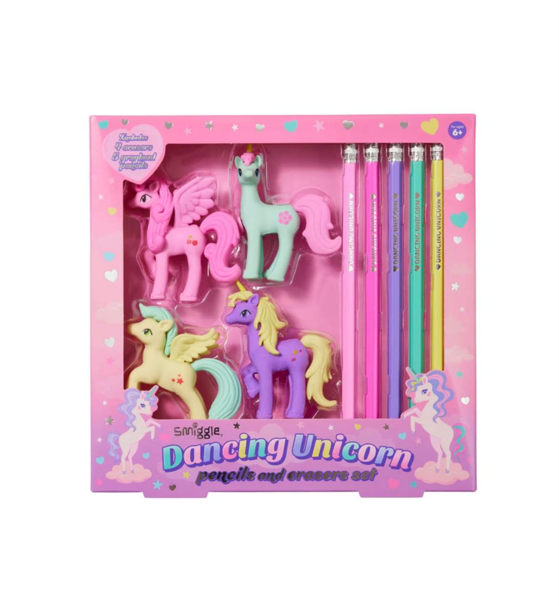 Smiggle dancing unicorn pencil eraser set