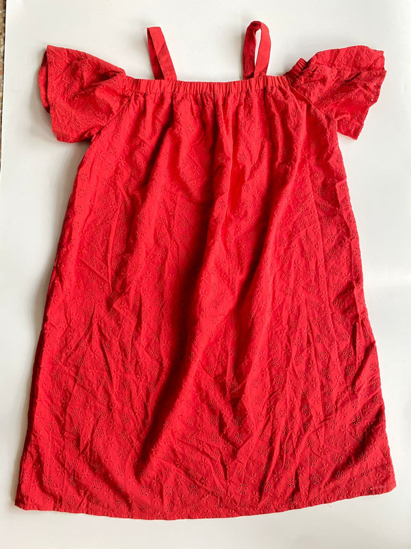 Girls Red Shiffli Cotton Frock