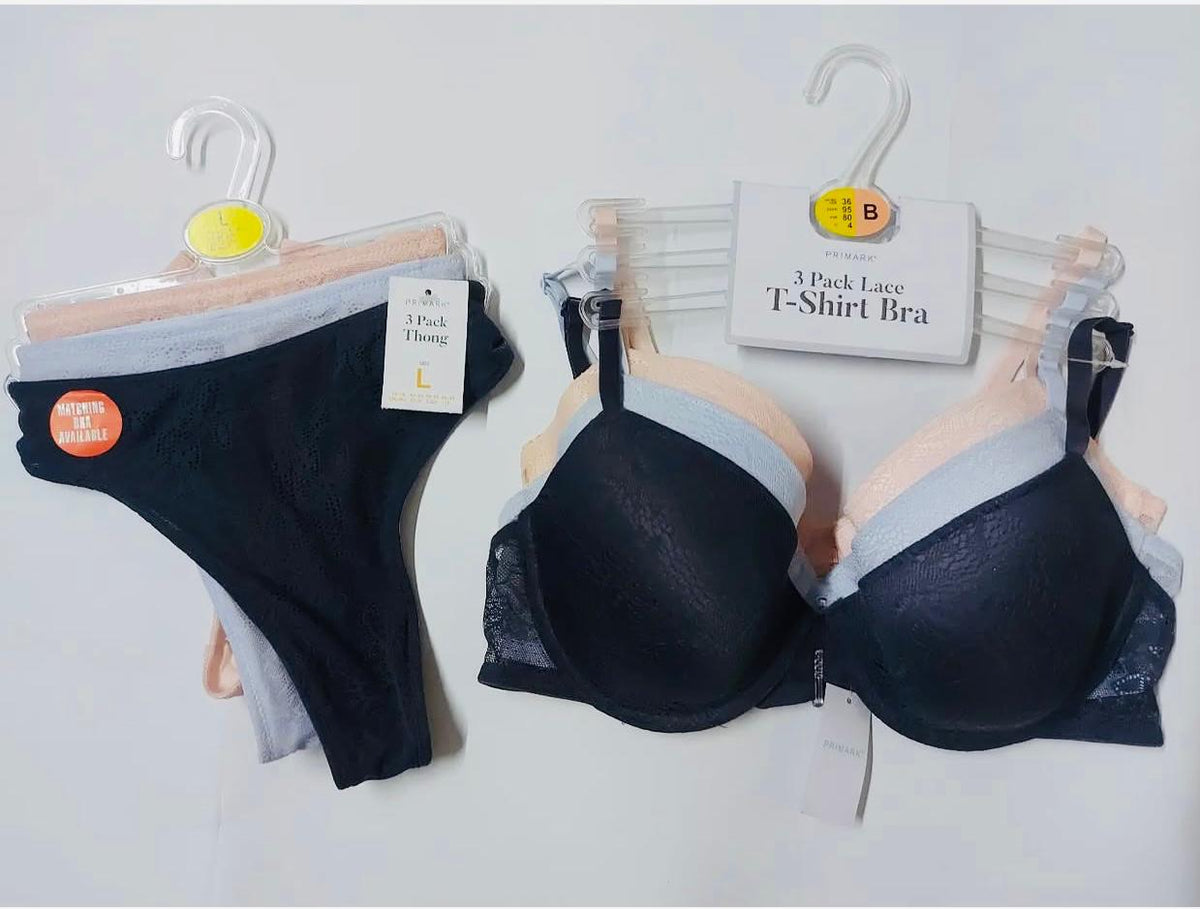 Primark 3-Pack Lace T-Shirt Bra & Thong Set