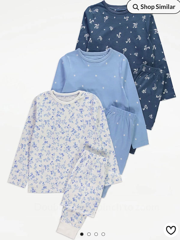 Blue & White Cotton Floral Snuggle Pyjamas 3 Pack
