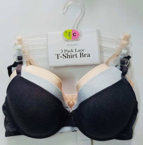 Primark 3-Pack Lace T-Shirt Bra & Thong Set